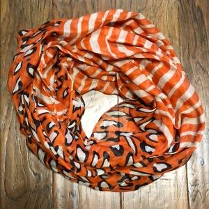 Orange striped and leopard print infinity scarf